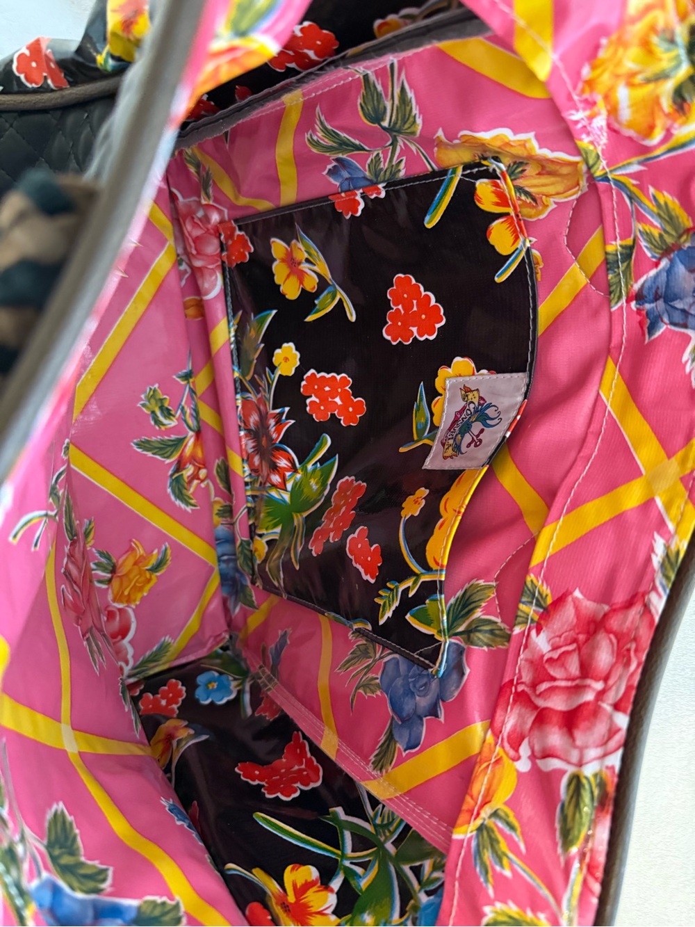 Consuela Vintage Black Tote with Bright Floral interior & sides, inside pocket - Picture 10 of 12